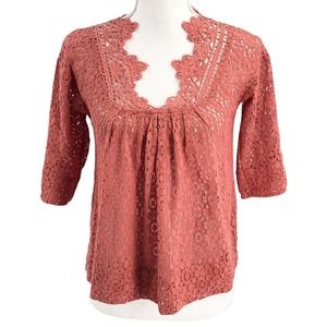 Staring at Stars Womens Size XS Crochet Lace Blouse 3/4 Sleeve Coral Pullover